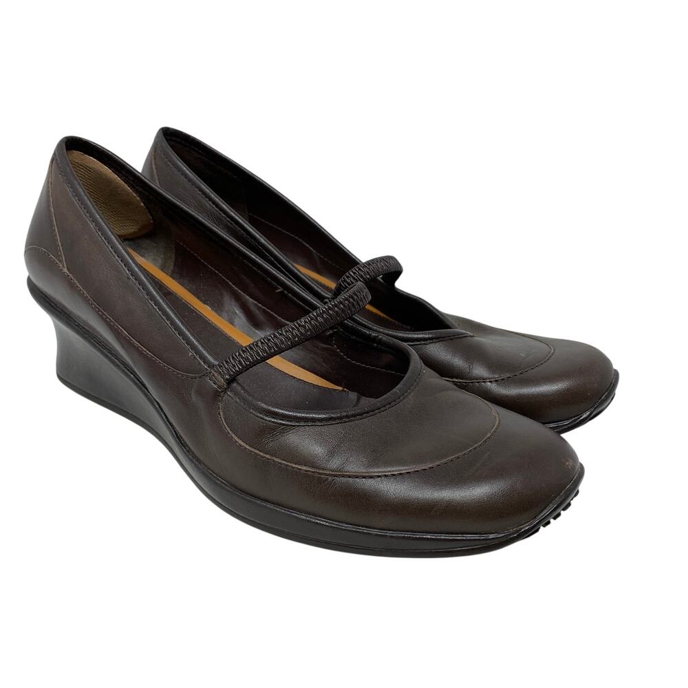 Michelle D Womens 9 Brown Leather Mary Jane Wedge Pumps Comfort Shoes